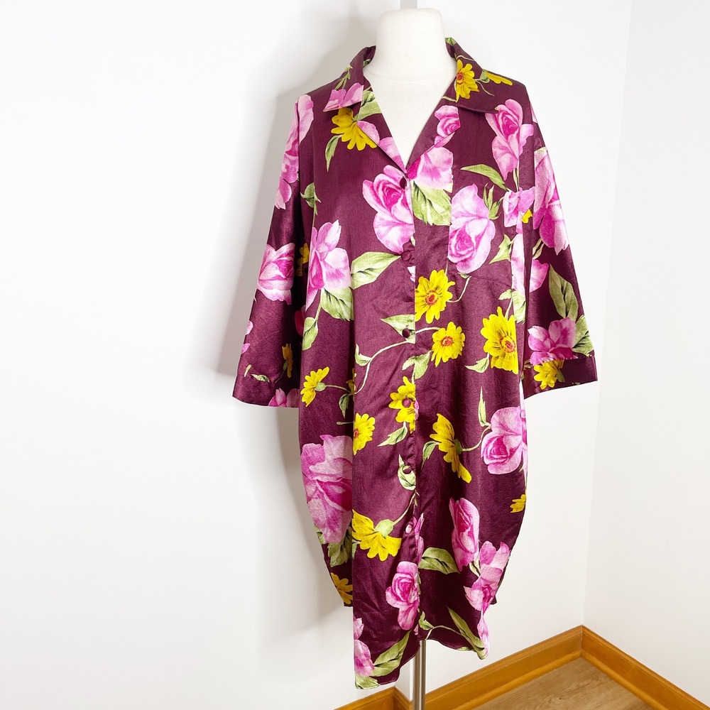Nicole Stevens Floral Sleep Shirt Burgundy Satin‎ Button Down Nightgown One Size